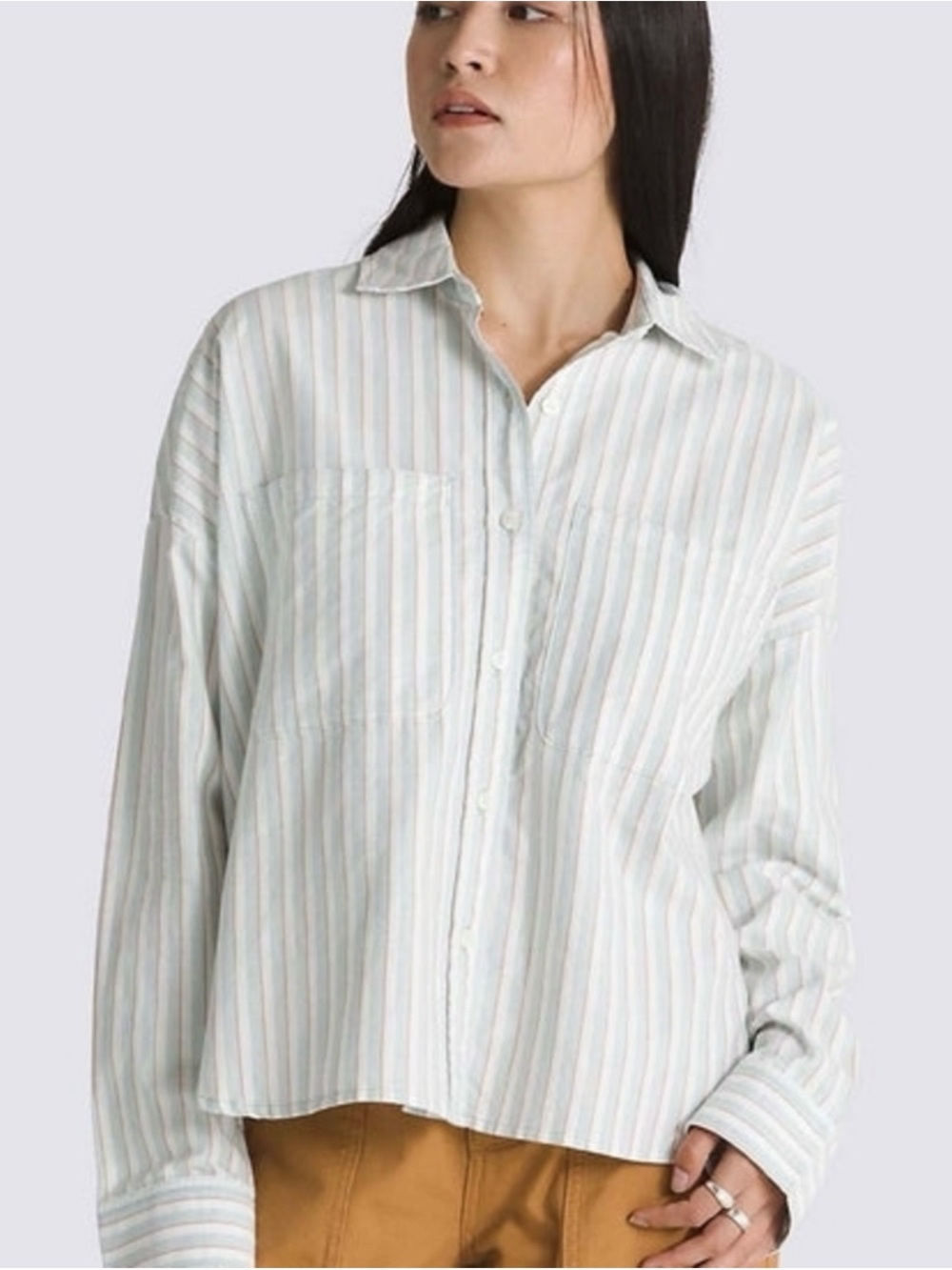 Relaxed Stripe Button-Up Shirt Boxy Fit in Light Blue and White